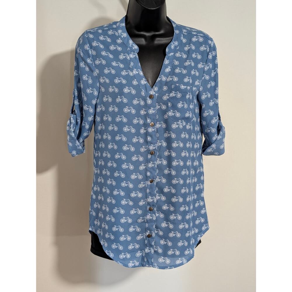 Bongo Bicycle Print Top Button Down Blouse Button Tab Sleeves Small